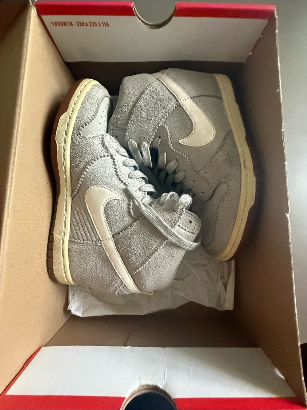 Nike Women’s Light Gray Suede Wedge Dunk Sky Hi High-Top Sneakers w/White Swoosh - Picture 7 of 9